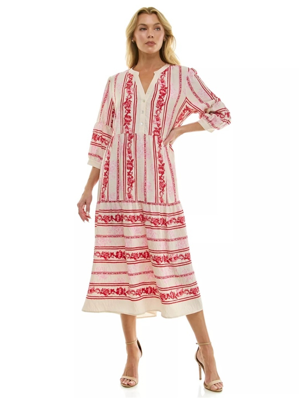 Fig and Flower Cream & Red Printed Tiered Boho Dress